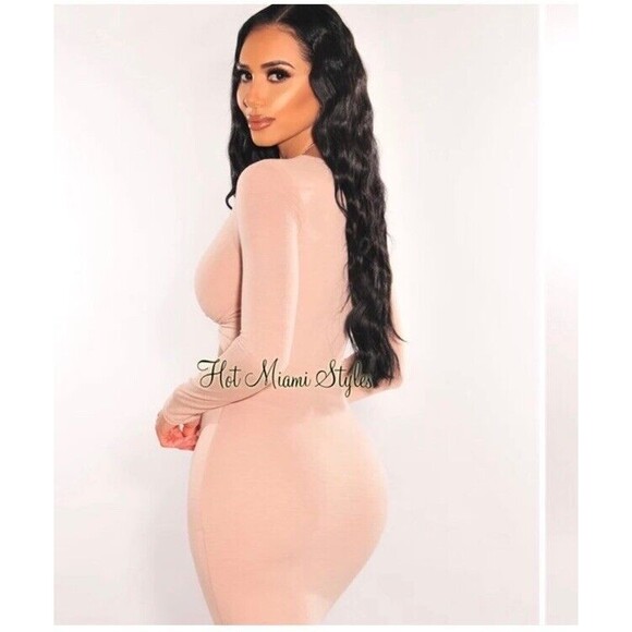 Hot Miami style NUDE V NECK KNOTTED CUT OUT LONG SLEEVE DRESS Size L - Picture 3 of 12